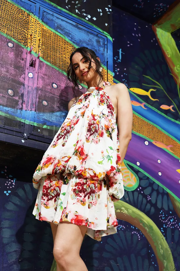 White_Chiffon_Floral_Halter_Neck_Mini_Dress_For_Women