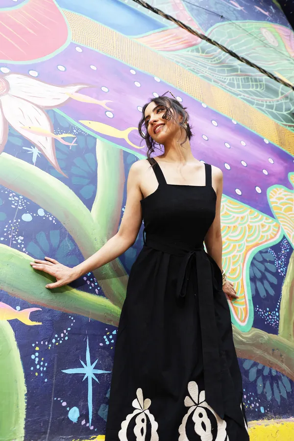 Black_Cotton_Linen_Sleeveless_Flared_Long_Dress_For_Women
