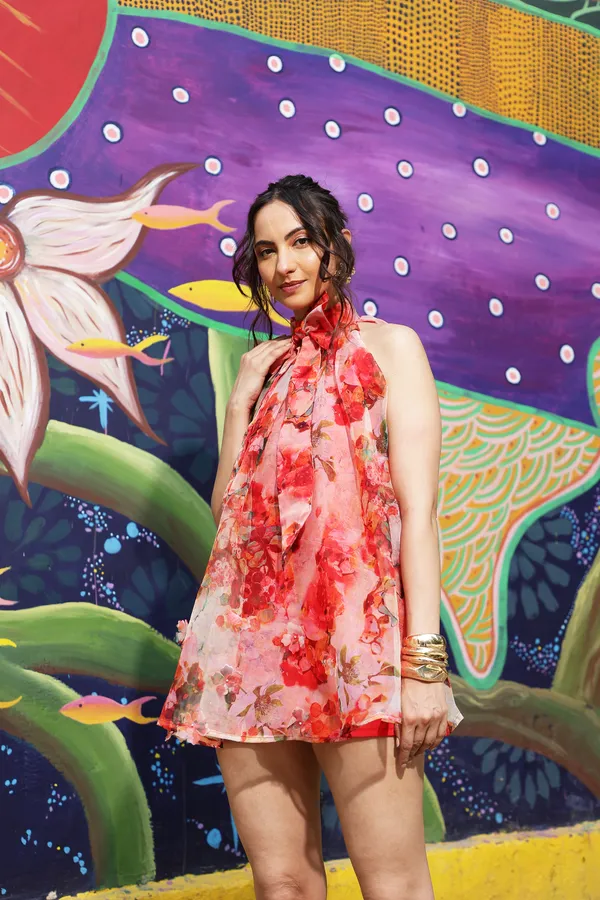 Pink_Organza_Floral_Print_Halter_Neck_Mini_Dress_For_Women