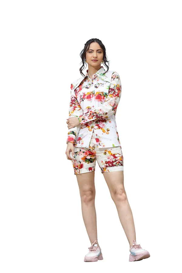 White_Cotton_Floral_Print_Shirt_And_Shorts_Set_For_Women