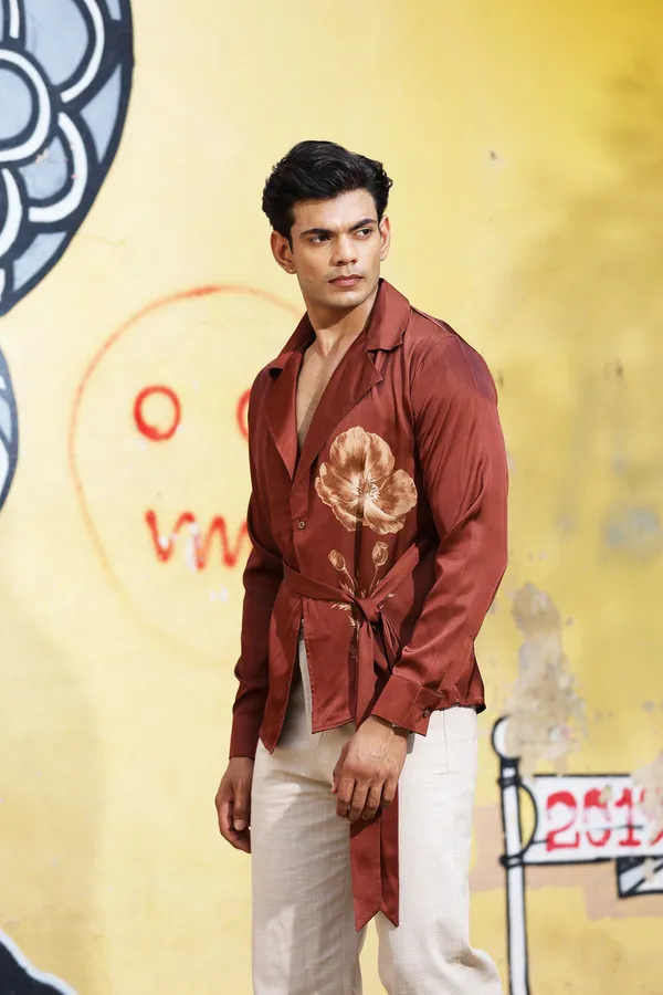 Brown_Satin_Relaxed_Fit_Wrap_Around_Shirt_For_Men