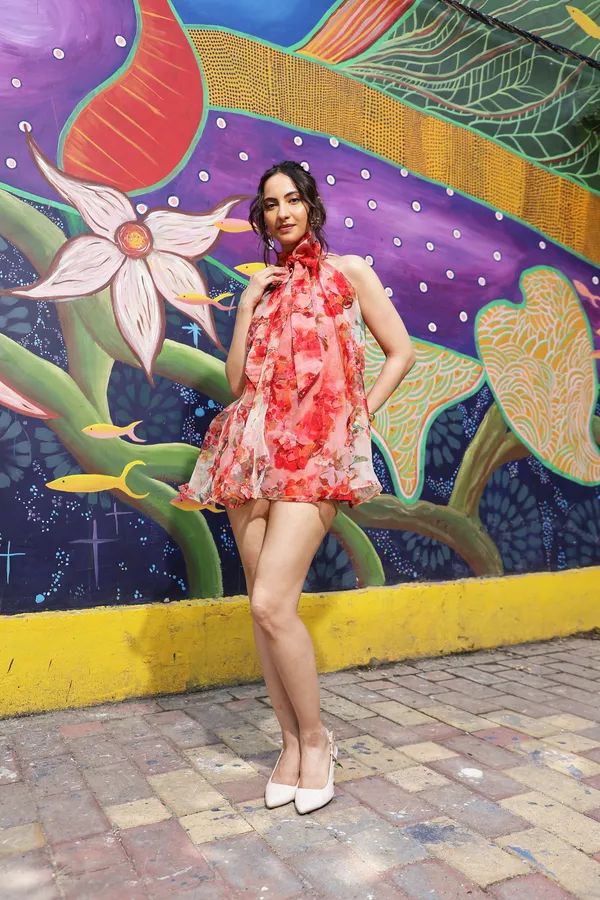 Pink_Organza_Floral_Print_Halter_Neck_Mini_Dress_For_Women