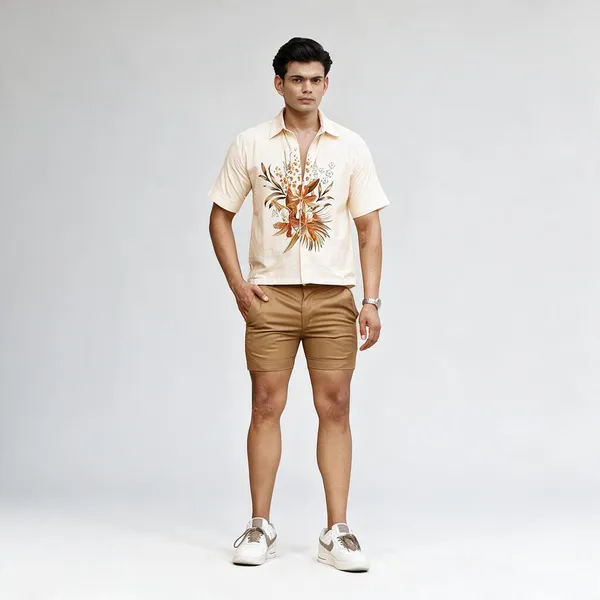 Cream_Cotton_Linen_Relaxed_Fit_Floral_Shirt_And_Shorts_For_Men