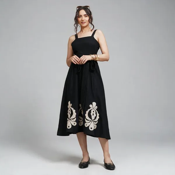 Black_Cotton_Linen_Sleeveless_Flared_Long_Dress_For_Women