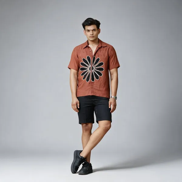 Rust_Cotton_Linen_Relaxed_Fit_Applique_Shirt_For_Men