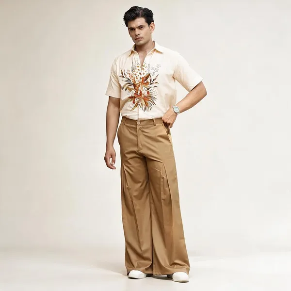 Tan_Cotton_Linen_Wide_Leg_Trouser_And_Shirt_For_Men