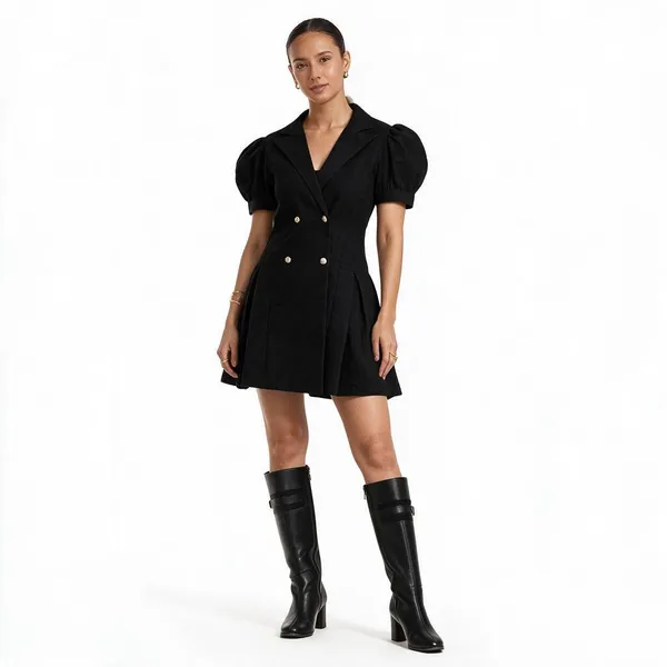 Black_Cotton_Linen_Puff_Sleeve_Knee_Length_Shirt_For_Women