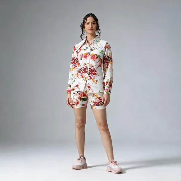 White_Cotton_Floral_Print_Shirt_And_Shorts_Set_For_Women