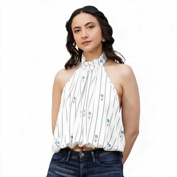 White_Satin_Floral_Print_Halter_Neck_Top_For_Women