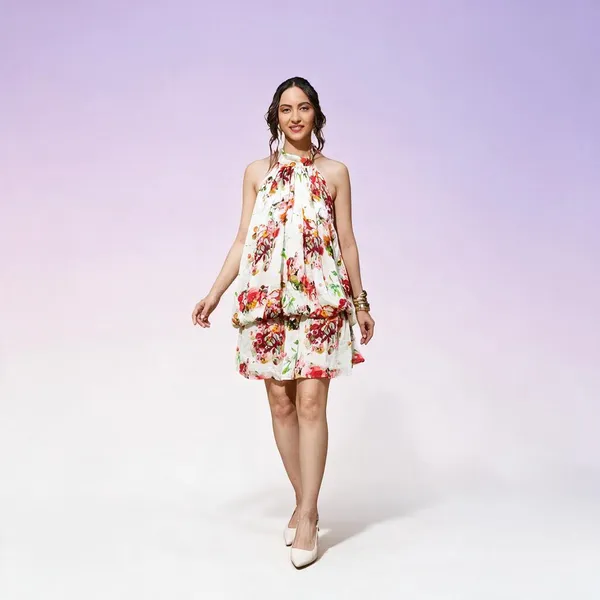 White_Chiffon_Floral_Halter_Neck_Mini_Dress_For_Women