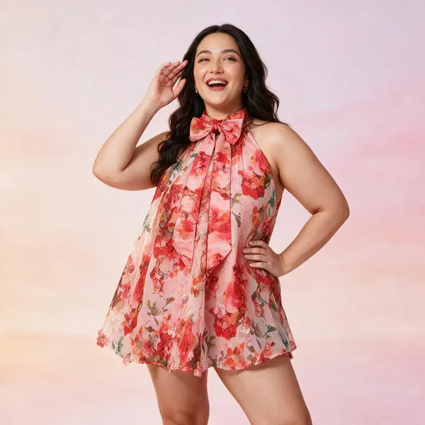 Pink_Organza_Floral_Print_Halter_Neck_Mini_Dress_For_Women