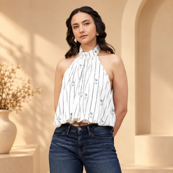White_Satin_Floral_Print_Halter_Neck_Top_For_Women