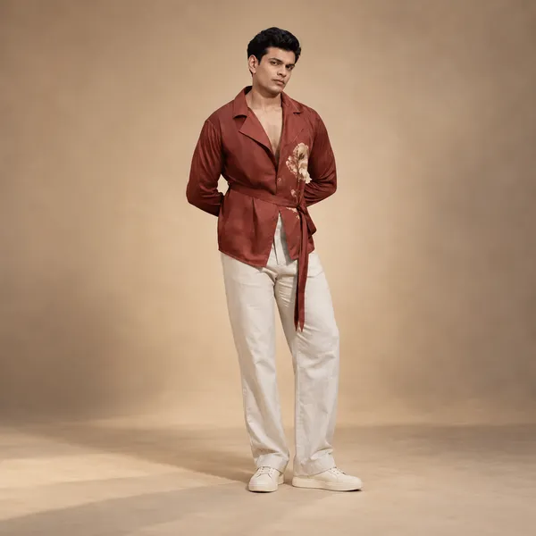 Brown_Satin_Relaxed_Fit_Wrap_Around_Shirt_For_Men
