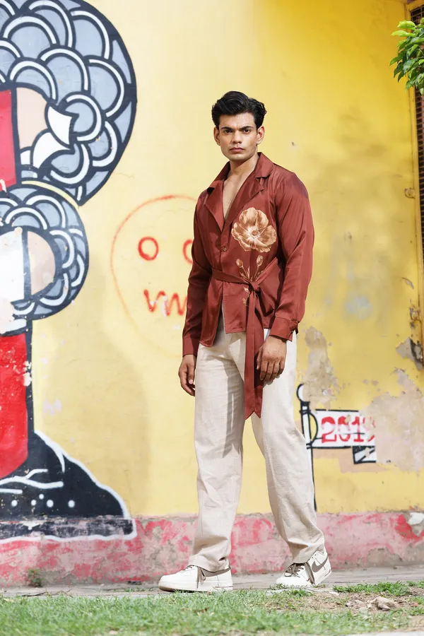 Brown_Satin_Relaxed_Fit_Wrap_Around_Shirt_For_Men