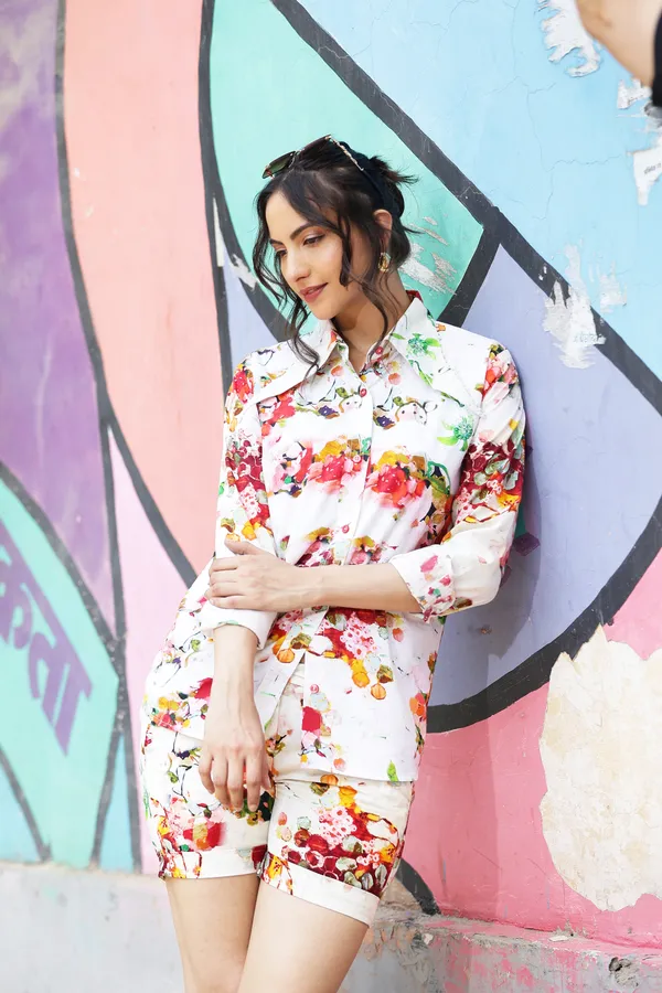 White_Cotton_Floral_Print_Shirt_And_Shorts_Set_For_Women