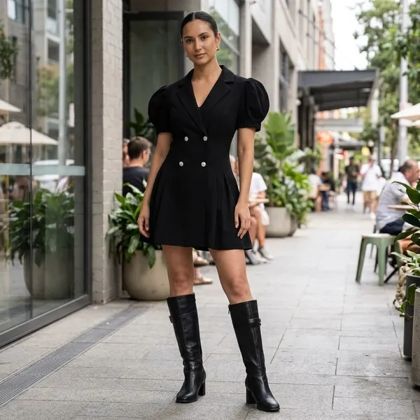 Black_Cotton_Linen_Puff_Sleeve_Knee_Length_Shirt_For_Women
