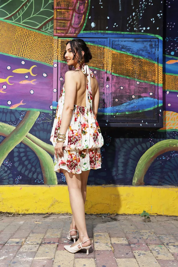White_Chiffon_Floral_Halter_Neck_Mini_Dress_For_Women