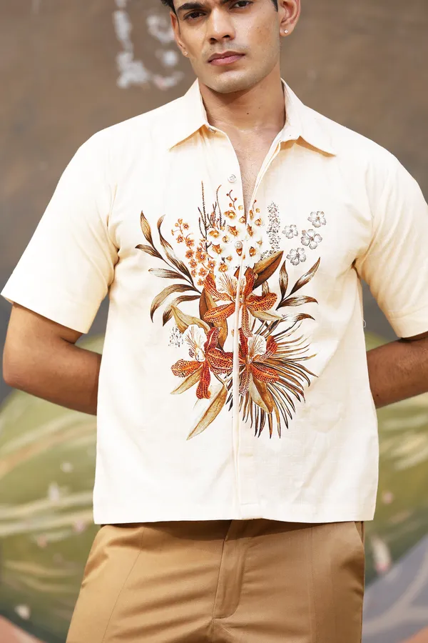 Cream_Cotton_Linen_Floral_Print_Regular_Fit_Shirt_For_Men
