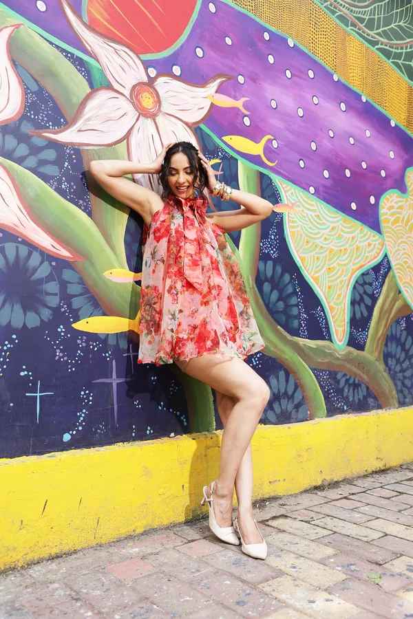Pink_Organza_Floral_Print_Halter_Neck_Mini_Dress_For_Women