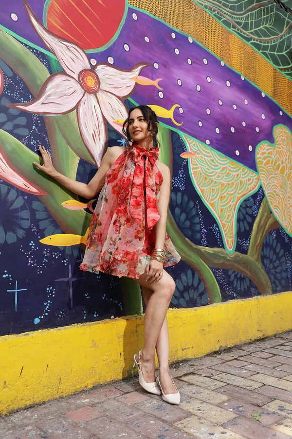 Pink_Organza_Floral_Print_Halter_Neck_Mini_Dress_For_Women