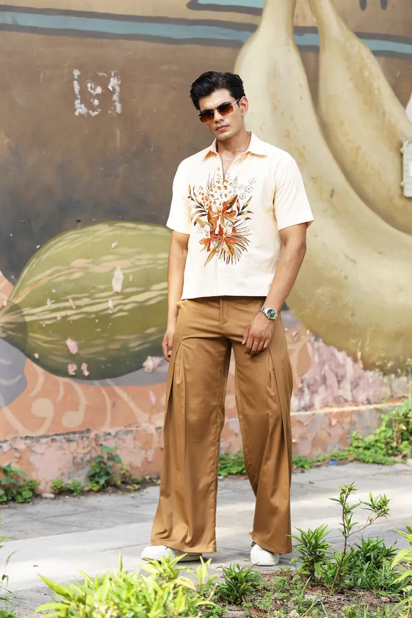 Tan_Cotton_Linen_Wide_Leg_Trouser_And_Shirt_For_Men