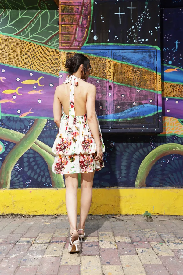 White_Chiffon_Floral_Halter_Neck_Mini_Dress_For_Women