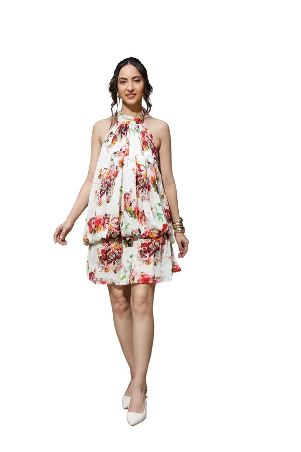 White_Chiffon_Floral_Halter_Neck_Mini_Dress_For_Women