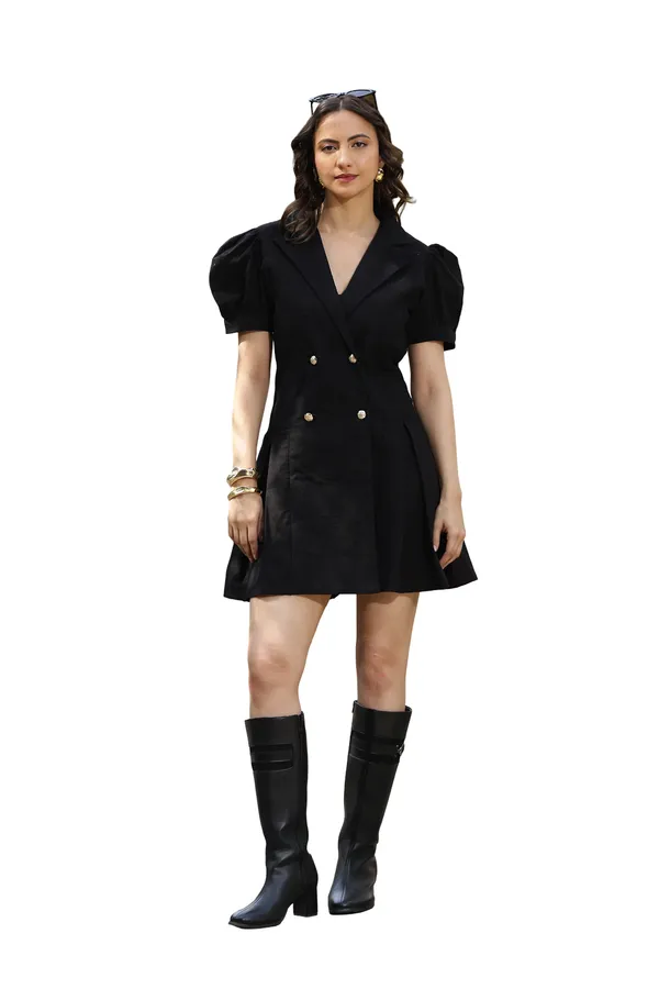 Black_Cotton_Linen_Puff_Sleeve_Knee_Length_Shirt_For_Women