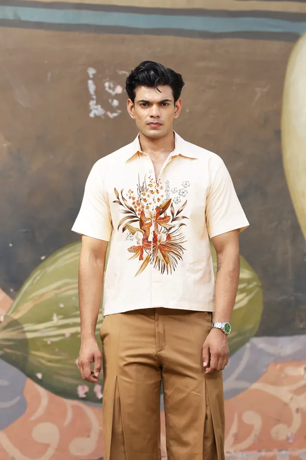 Cream_Cotton_Linen_Floral_Print_Regular_Fit_Shirt_For_Men