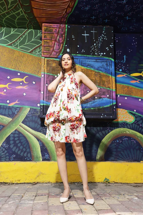 White_Chiffon_Floral_Halter_Neck_Mini_Dress_For_Women