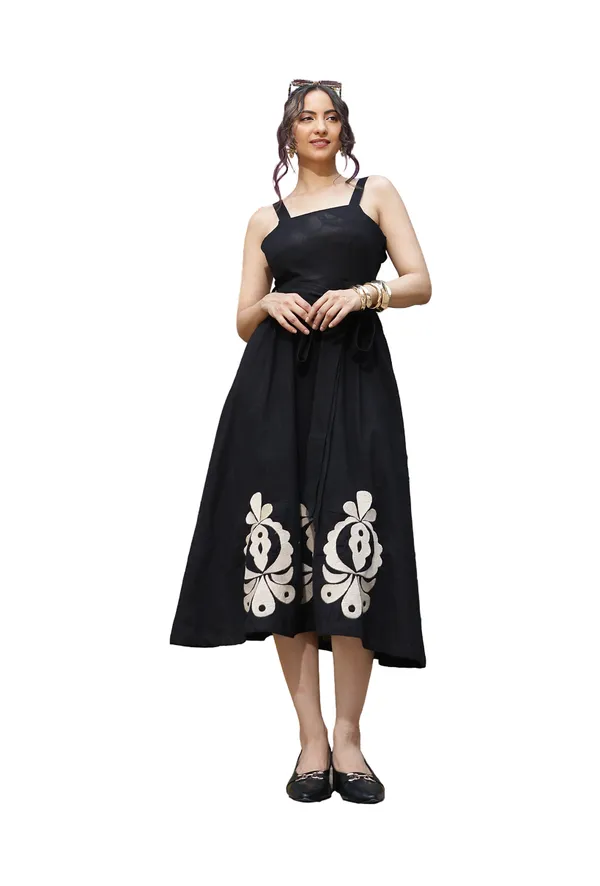 Black_Cotton_Linen_Sleeveless_Flared_Long_Dress_For_Women