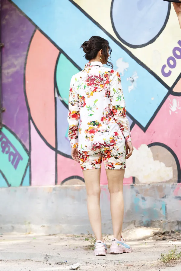 White_Cotton_Floral_Print_Shirt_And_Shorts_Set_For_Women