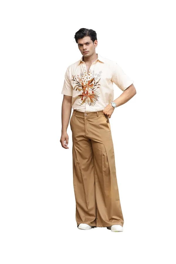 Tan_Cotton_Linen_Wide_Leg_Trouser_And_Shirt_For_Men
