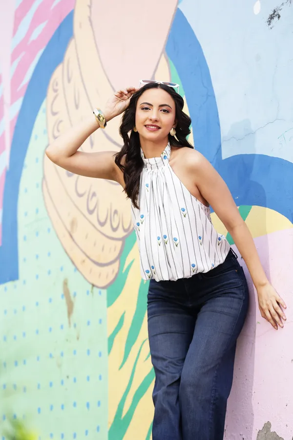 White_Satin_Floral_Print_Halter_Neck_Top_For_Women