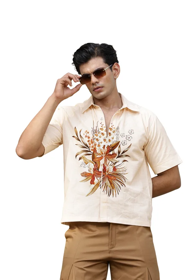 Cream_Cotton_Linen_Floral_Print_Regular_Fit_Shirt_For_Men