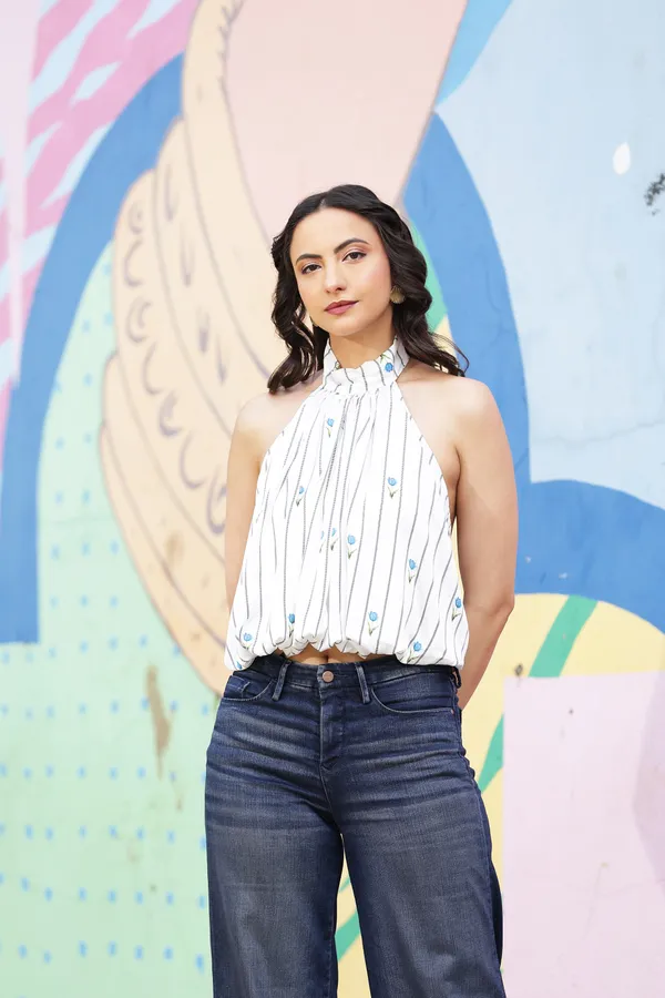 White_Satin_Floral_Print_Halter_Neck_Top_For_Women