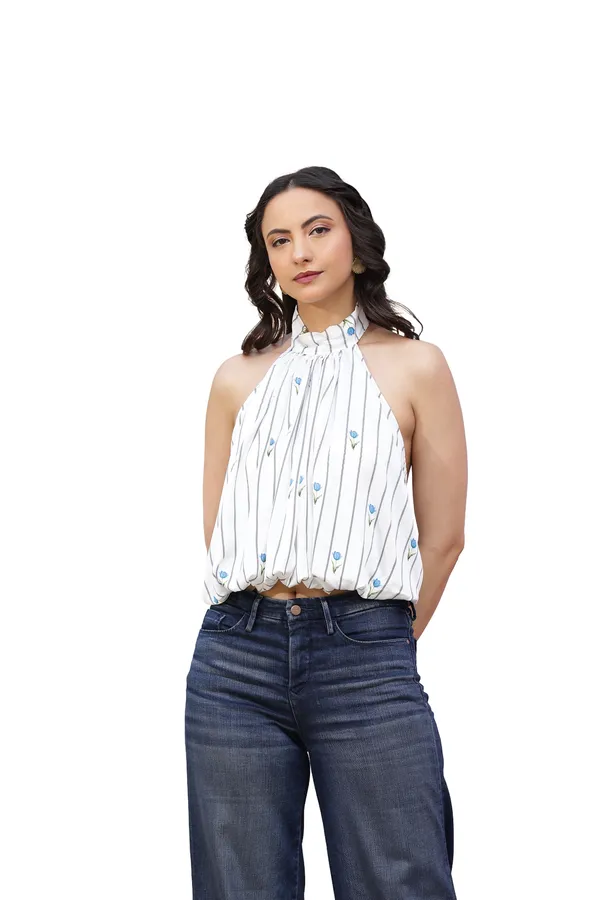 White_Satin_Floral_Print_Halter_Neck_Top_For_Women