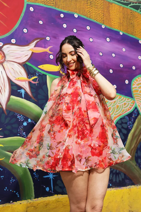 Pink_Organza_Floral_Print_Halter_Neck_Mini_Dress_For_Women
