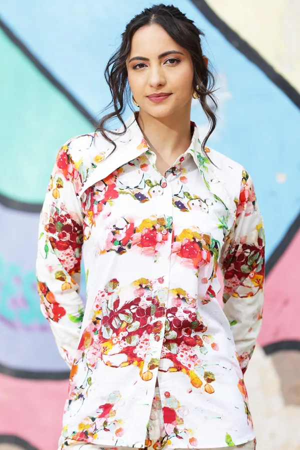 White_Cotton_Floral_Print_Shirt_And_Shorts_Set_For_Women