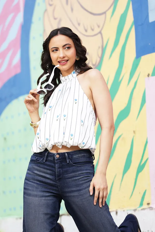 White_Satin_Floral_Print_Halter_Neck_Top_For_Women