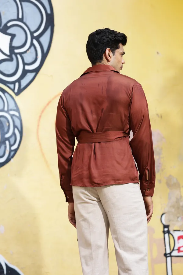 Brown_Satin_Relaxed_Fit_Wrap_Around_Shirt_For_Men