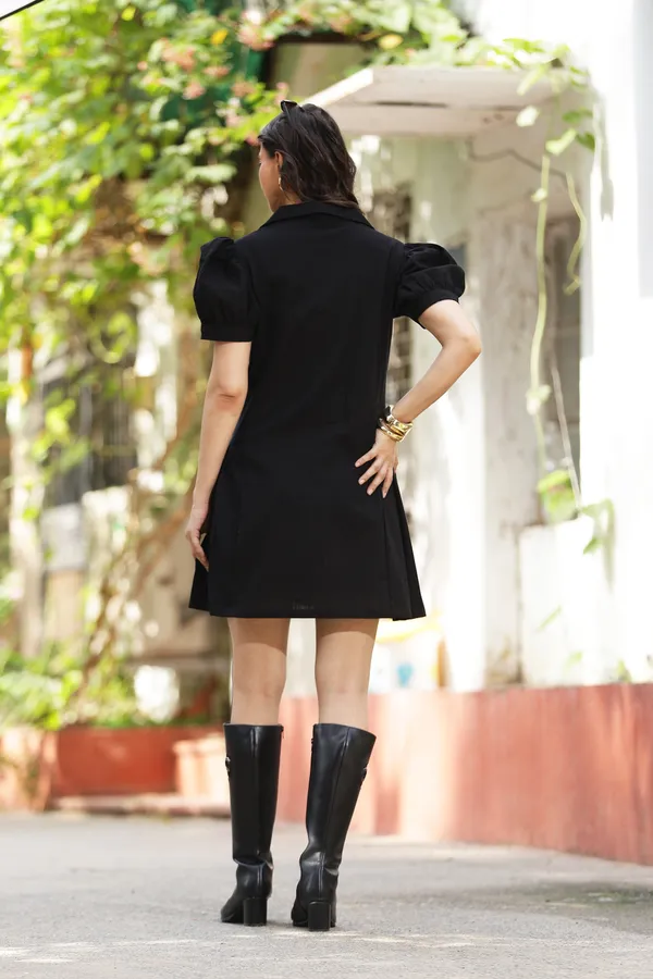 Black_Cotton_Linen_Puff_Sleeve_Knee_Length_Shirt_For_Women