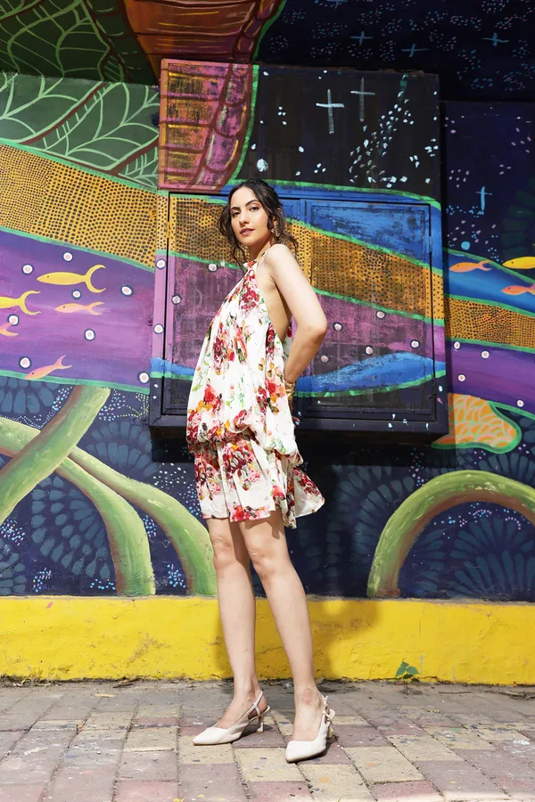 White_Chiffon_Floral_Halter_Neck_Mini_Dress_For_Women