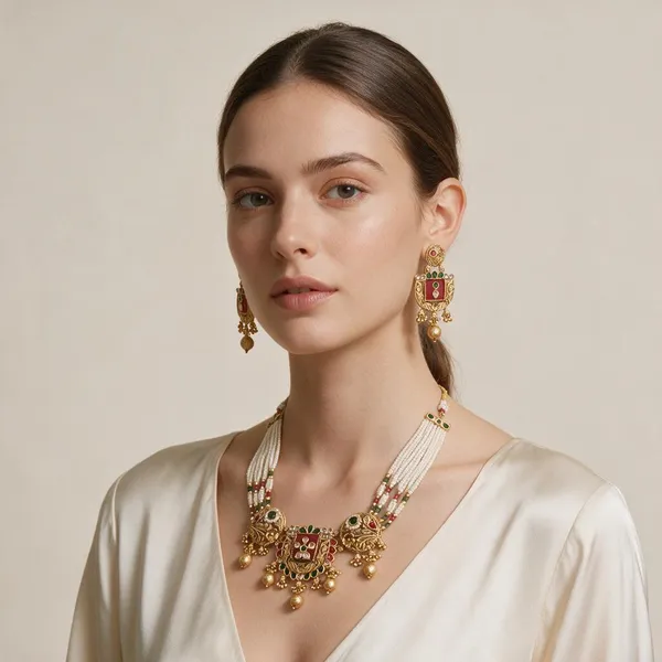 Multicolor_Gold-Tone_Bead_Necklace_And_Earrings_Set_For_Women