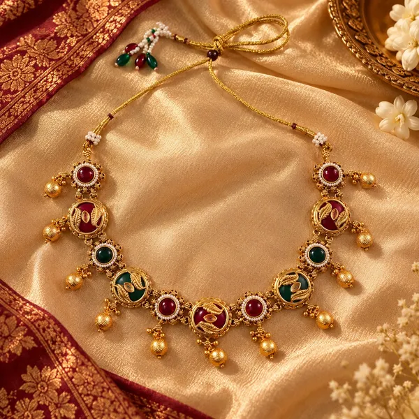 Gold_And_Ruby_Spelter_Alloy_Temple_Style_Stone_Necklace_And_Earrings_Set_For_Women