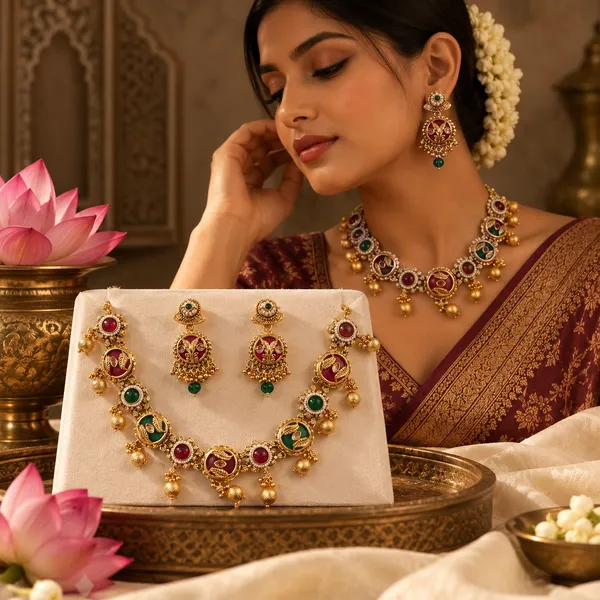 Gold_And_Ruby_Spelter_Alloy_Temple_Style_Stone_Necklace_And_Earrings_Set_For_Women