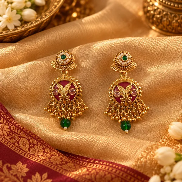 Gold_And_Ruby_Spelter_Alloy_Temple_Style_Stone_Necklace_And_Earrings_Set_For_Women