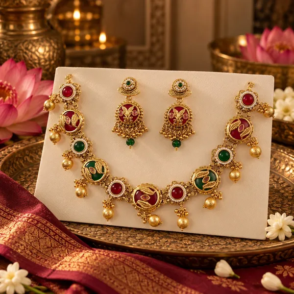 Gold_And_Ruby_Spelter_Alloy_Temple_Style_Stone_Necklace_And_Earrings_Set_For_Women