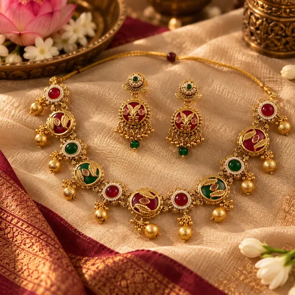 Gold_And_Ruby_Spelter_Alloy_Temple_Style_Stone_Necklace_And_Earrings_Set_For_Women