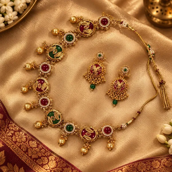 Gold_And_Ruby_Spelter_Alloy_Temple_Style_Stone_Necklace_And_Earrings_Set_For_Women